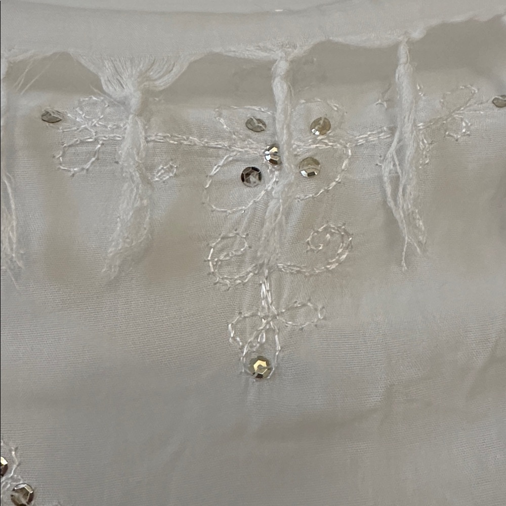 41x62” White Fringed Embroidered with Sequins - Scarf Sarong Pareo Wrap Cover-up - Picture 4 of 4